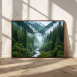 69453-MGV-CV-36X24-Mountain Forest Wall Art – Misty River and Evergreen Landscape Canvas Print, Nature Photography Poster for Living Room, Bedroom,