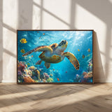37623-MGV-CV-36X24-Sea Turtle Wall Art – Underwater Ocean Canvas Print with Coral Reef and Tropical Fish, Marine Life Painting Poster for Living