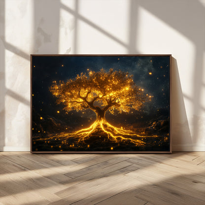 60194-MGV-CV-36X24-Glowing Tree Wall Art – Golden Roots Fantasy Canvas Print, Mystical Illuminated Tree Painting Poster for Living Room, Bedroom,