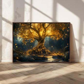 92739-MGV-CV-36X24-Glowing Tree Wall Art – Enchanted Golden Forest Canvas Print, Mystical Illuminated Nature Painting Poster for Living Room,