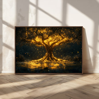 59580-MGV-FC-36X24_Walnut-Glowing Tree Wall Art – Golden Fantasy Nature Canvas Print, Mystical Illuminated Tree Painting Poster for Living Room, Bedroom,