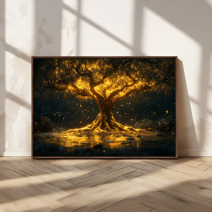 59580-MGV-FC-36X24_Walnut-Glowing Tree Wall Art – Golden Fantasy Nature Canvas Print, Mystical Illuminated Tree Painting Poster for Living Room, Bedroom,