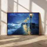 76572-MGV-CV-36X24-Stormy Night Pier Wall Art – Ocean Waves and Street Lamps Canvas Print, Rainy Seascape Oil Painting Poster for Living Room,