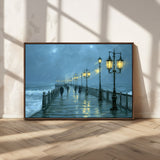 79606-MGV-FC-36X24_Walnut-Rainy Pier Night Wall Art – Ocean Waves and Street Lamps Canvas Print, Moody Seascape Oil Painting Poster for Living Room,