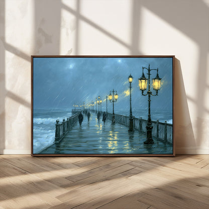 79606-MGV-FC-36X24_Walnut-Rainy Pier Night Wall Art – Ocean Waves and Street Lamps Canvas Print, Moody Seascape Oil Painting Poster for Living Room,