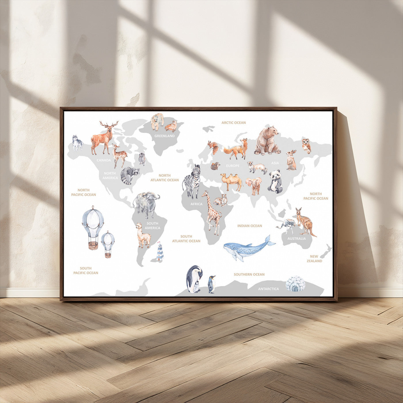 12796-MGV-CV-36X24-Animal World Map Wall Art – Watercolor Animal Canvas Print, Educational Global Map Poster for Kids Room, Nursery, Playroom,