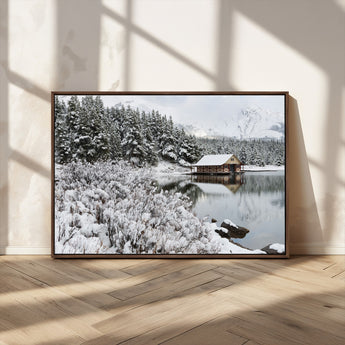 29975-MGV-FC-36X24_Walnut-Winter Cabin by the Lake Wall Art – Snowy Mountain Landscape Canvas Print, Rustic Lodge Cabin Decor for Cozy Living Room, Bedroom
