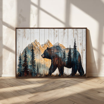 90077-MGV-CV-36X24-Wood Grizzly Bear Wall Art Canvas Print, Framed Abstract Bear Art Picture Print, Bear in Forest Perfect Rustic Lodge Decor Artwork