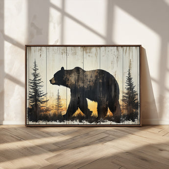 83875-MGV-CV-36X24-Sunset Bear Wall Art – Rustic Wildlife Canvas Print with Forest Silhouette, Cabin Lodge Decor for Living Room or Office
