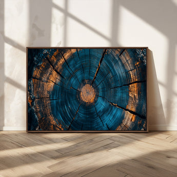 65231-MGV-FC-36X24_Walnut-Blue and Gold Tree Ring Wall Art – Rustic Abstract Wood Slice Canvas Print, Modern Nature Inspired Artwork for Living Room,