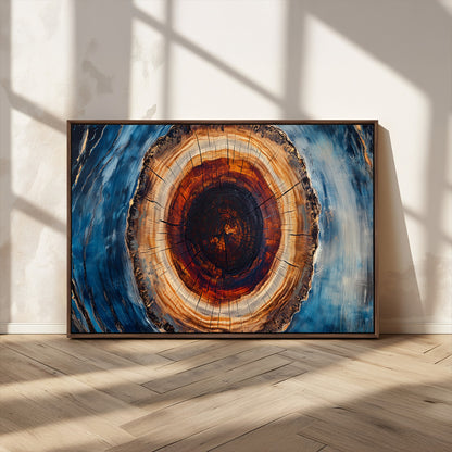 30457-MGV-CV-36X24-Tree Ring Abstract Wall Art – Blue and Brown Wood Grain Canvas Print, Modern Nature Inspired Painting for Rustic Living Room,