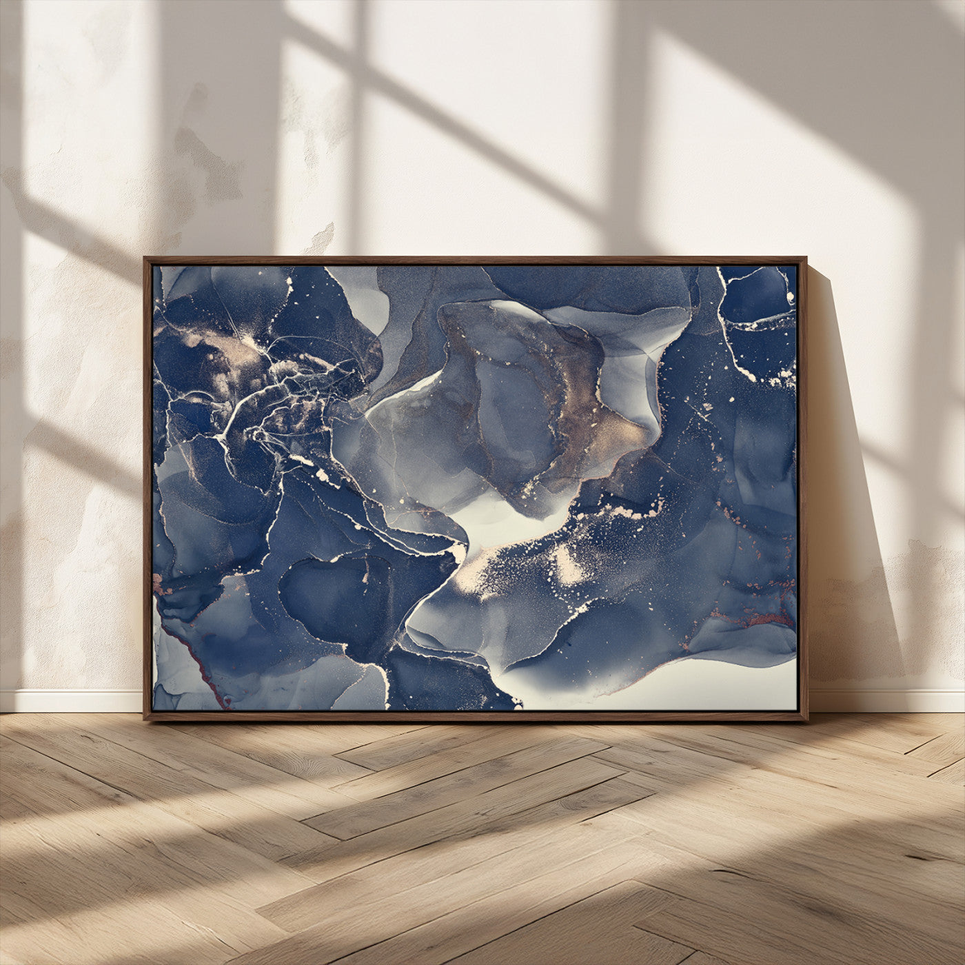 28282-MGV-FC-36X24_Walnut-Blue Abstract Wall Art – Modern Ink Swirl Canvas Print, Contemporary Navy and Gold Painting for Living Room, Bedroom, Office or