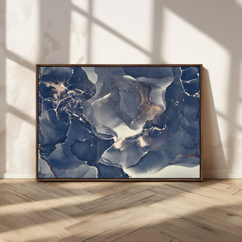 28282-MGV-FC-36X24_Walnut-Blue Abstract Wall Art – Modern Ink Swirl Canvas Print, Contemporary Navy and Gold Painting for Living Room, Bedroom, Office or