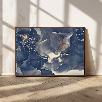 28282-MGV-FC-36X24_Walnut-Blue Abstract Wall Art – Modern Ink Swirl Canvas Print, Contemporary Navy and Gold Painting for Living Room, Bedroom, Office or