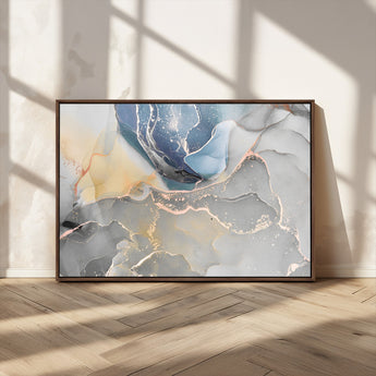 18176-MGV-CV-36X24-Abstract Fluid Wall Art – Modern Marble Ink Canvas Print with Blue, Gold, and Gray Tones, Contemporary Minimal Artwork Decor for