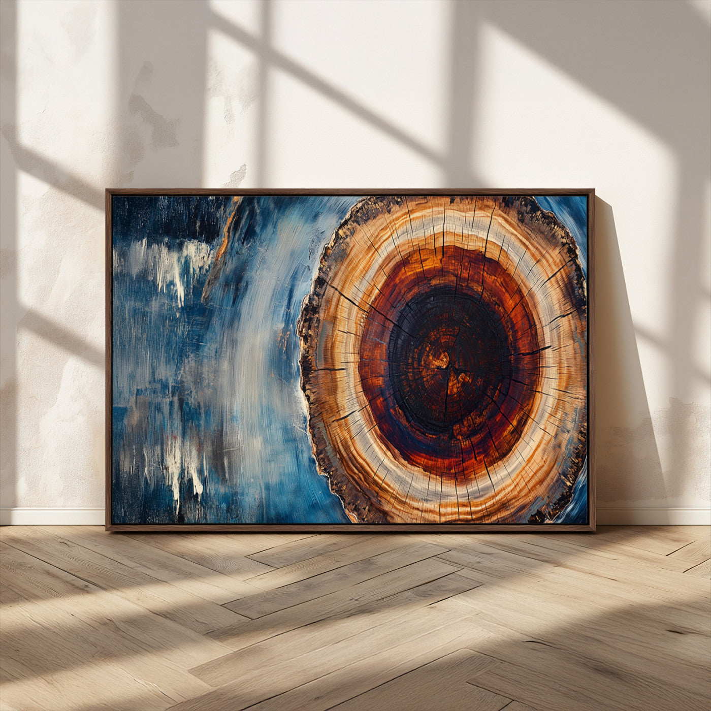 48045-MGV-CV-36X24-Tree Ring Abstract Wall Art – Rustic Wood Grain Canvas Print with Brown Center and Blue Brush Strokes, Nature Inspired Artwork for