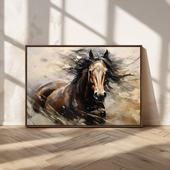 53001-MGV-FC-36X24_Walnut-Wild Horse Wall Art – Majestic Stallion Canvas Print with Flowing Mane, Rustic Western Style Painting for Living Room, Office or