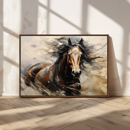 53001-MGV-FC-36X24_Walnut-Wild Horse Wall Art – Majestic Stallion Canvas Print with Flowing Mane, Rustic Western Style Painting for Living Room, Office or