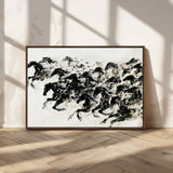 23069-MGV-CV-36X24-Galloping Horses Wall Art – Black Ink Painting on Canvas, Dynamic Equestrian Artwork with Running Stallions, Expressive Modern