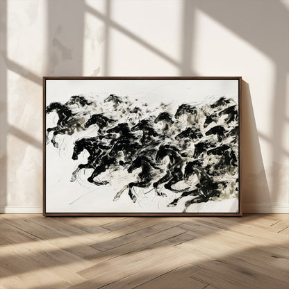 23069-MGV-CV-36X24-Galloping Horses Wall Art – Black Ink Painting on Canvas, Dynamic Equestrian Artwork with Running Stallions, Expressive Modern