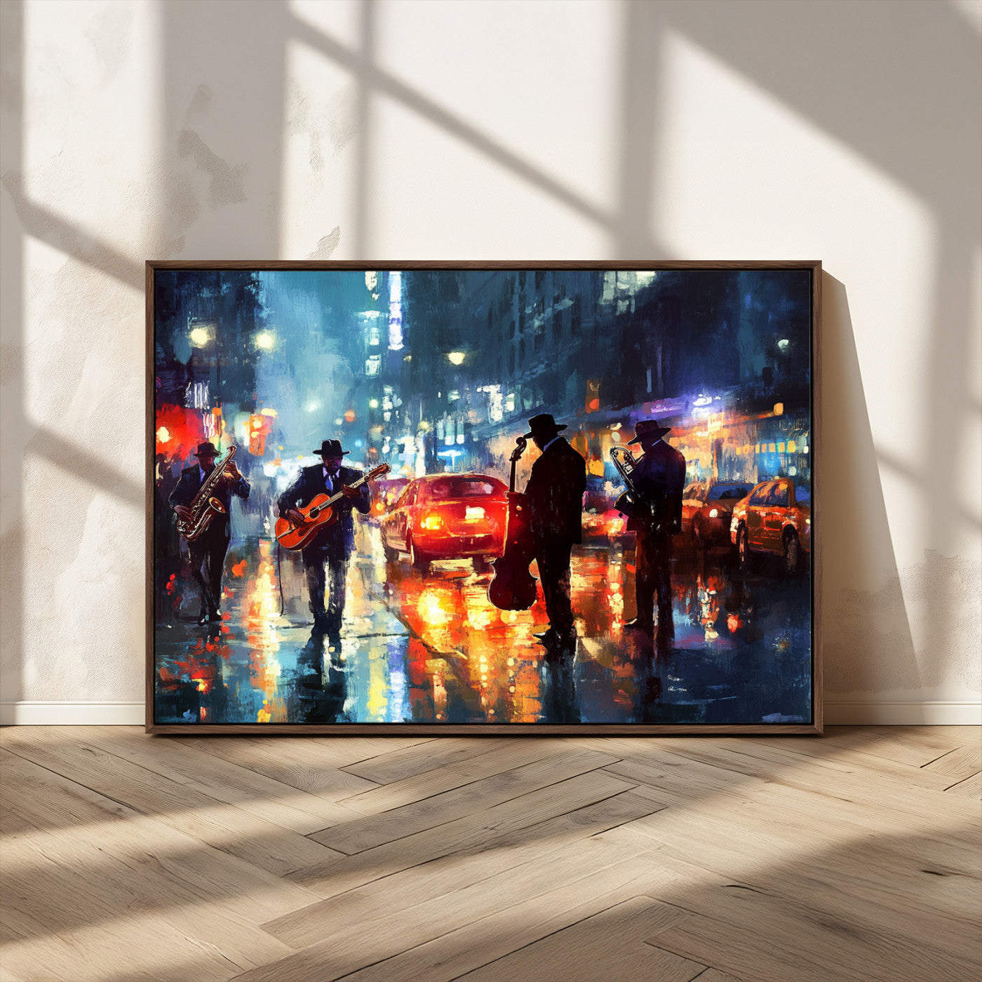 94605-MGV-CV-36X24-City Jazz Night Wall Art – Vibrant Music Canvas Print Featuring Saxophone, Guitar and Bass Players, Urban Street Scene Artwork for