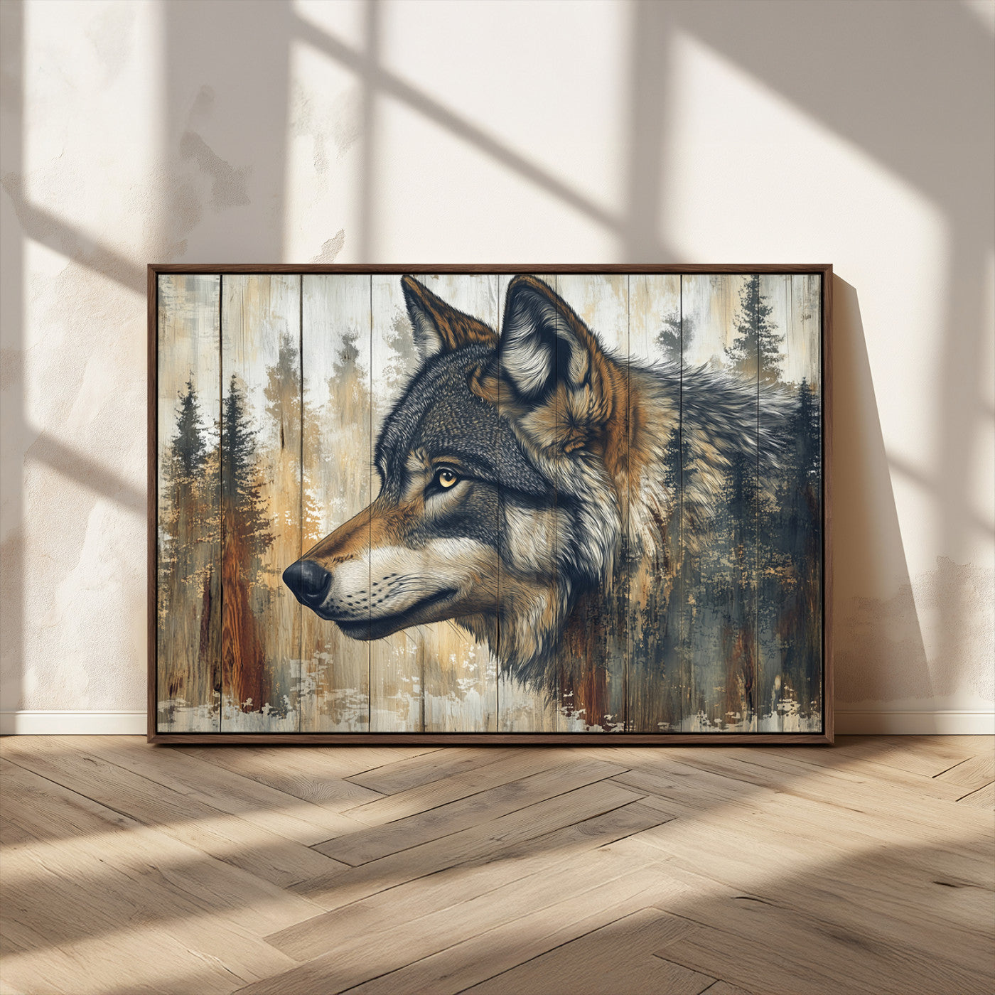 91882-MGV-CV-36X24-Wolf Wall Art – Rustic Canvas Print of Forest Wolf on Wood Background, Wildlife Lodge Artwork for Living Room, Bedroom, Cabin, or