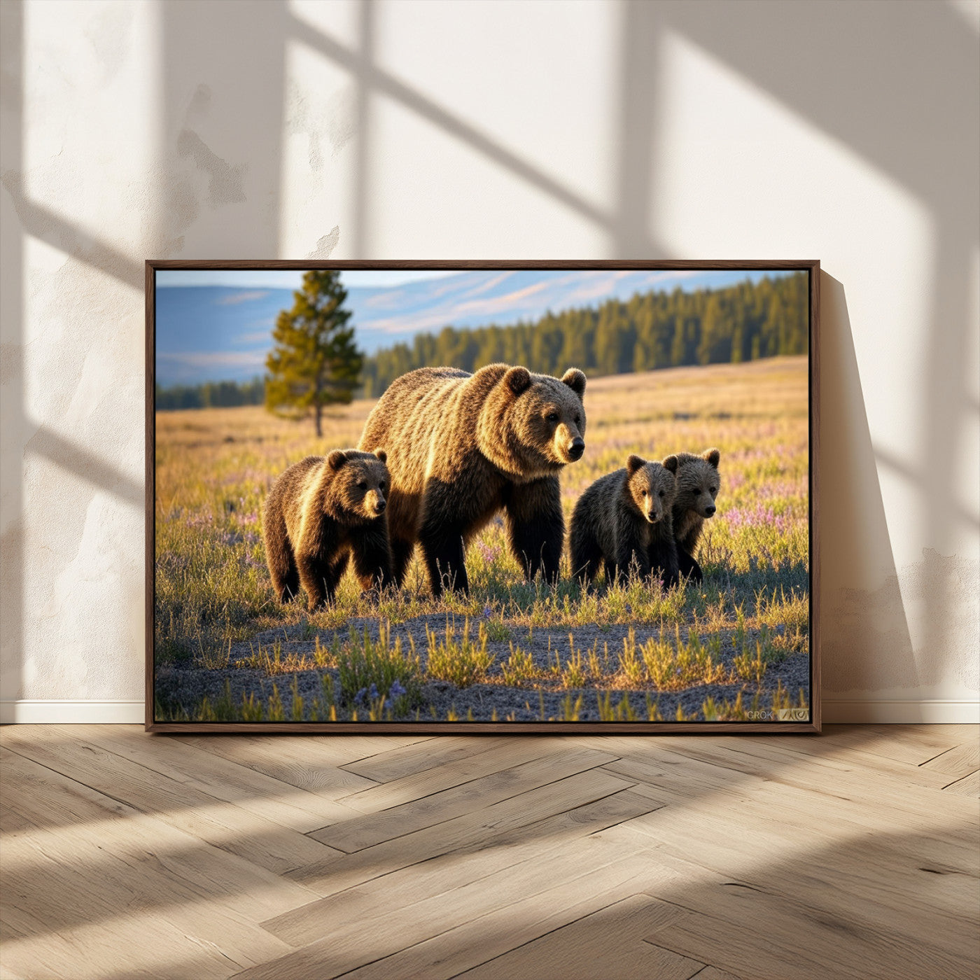 43400-MGV-CV-36X24-Bear Family Wall Art – Wildlife Canvas Print of Mother Bear with Cubs in Sunlit Meadow, Rustic Animal Artwork for Living Room,