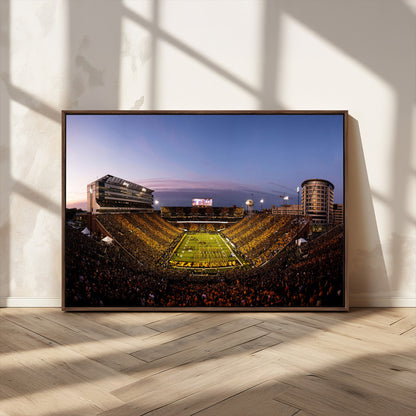82557-MGV-CV-36X24-College Football Stadium Wall Art – Panoramic Sunset Canvas Print with Marching Band and Game Day Crowd, Sports Artwork for Man