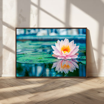 30320-MGV-CV-36X24-Pink Water Lily Wall Art – Lotus Flower Canvas Print with Reflection Water, Peaceful Botanical Artwork for Living Room, Bedroom,
