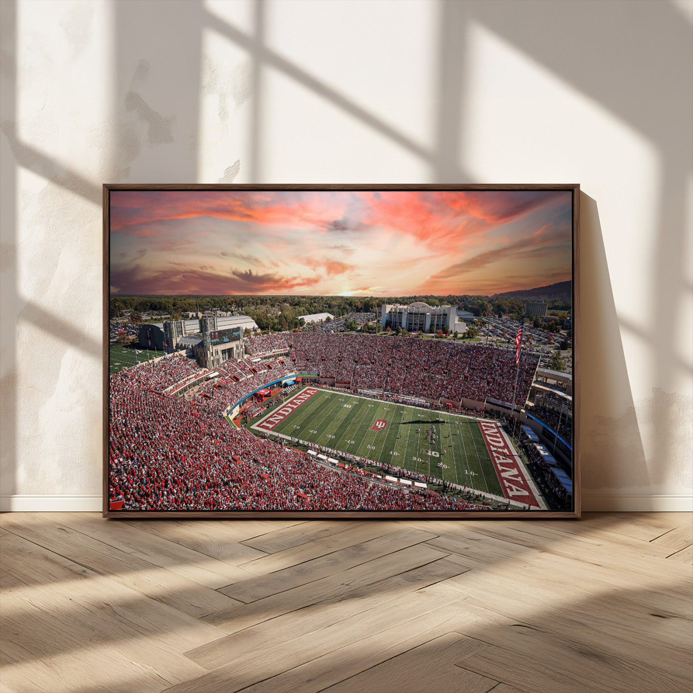51135-MGV-CV-36X24-Indiana Hoosiers Stadium Wall Art – Panoramic Football Canvas Print with Game Day Crowd and Sunset Sky, Sports Artwork for Man