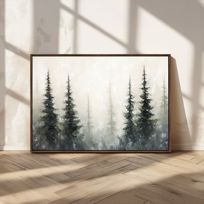 33241-MGV-CV-36X24-Misty Forest Wall Art Canvas Print, Framed Foggy Pines Art Picture Print, Forest Haze Perfect Rustic Minimalist Decor Artwork