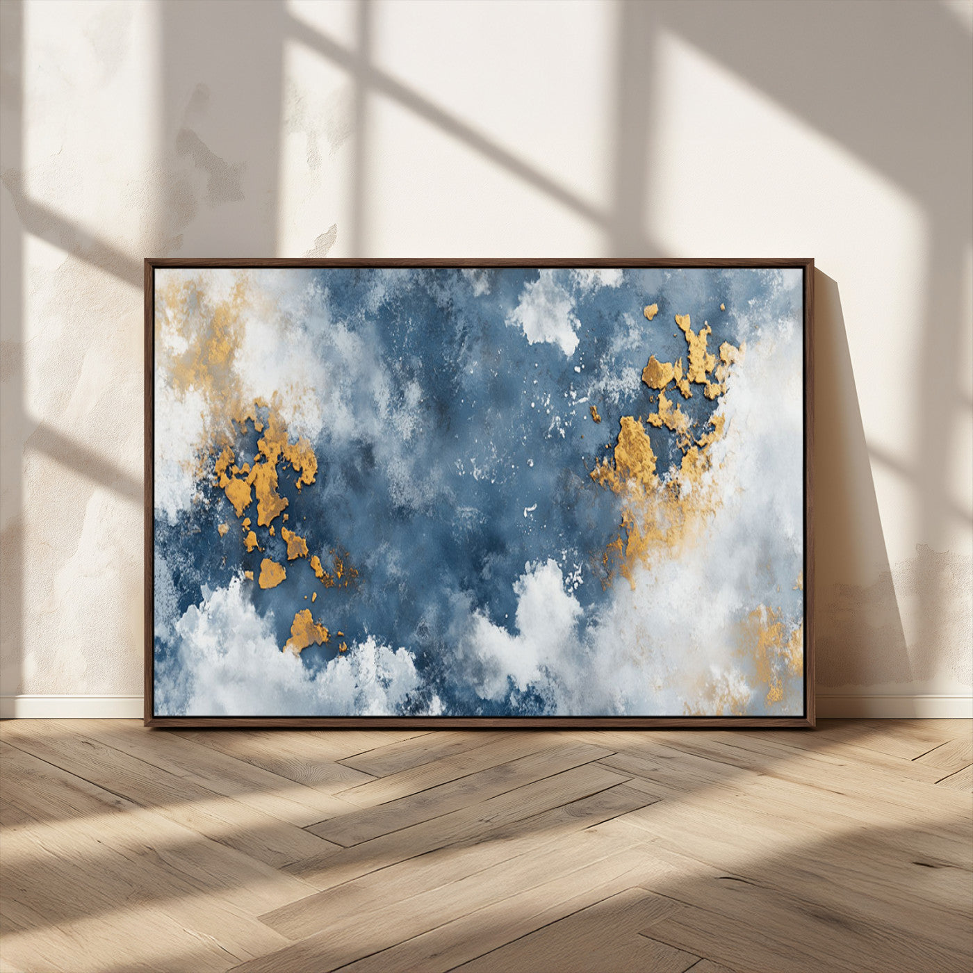 39575-MGV-CV-36X24-Blue and Gold Abstract Wall Art – Modern Canvas Print Featuring Cloudy Textures with Metallic Accents, Contemporary Artwork for