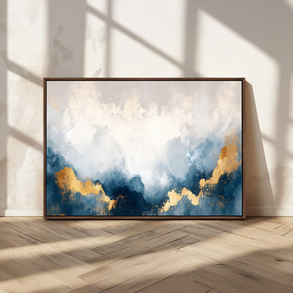 14578-MGV-FC-36X24_Walnut-Abstract Wall Art – Modern Canvas Print Featuring Blue and White Clouds with Golden Accents, Contemporary Elegant Artwork for