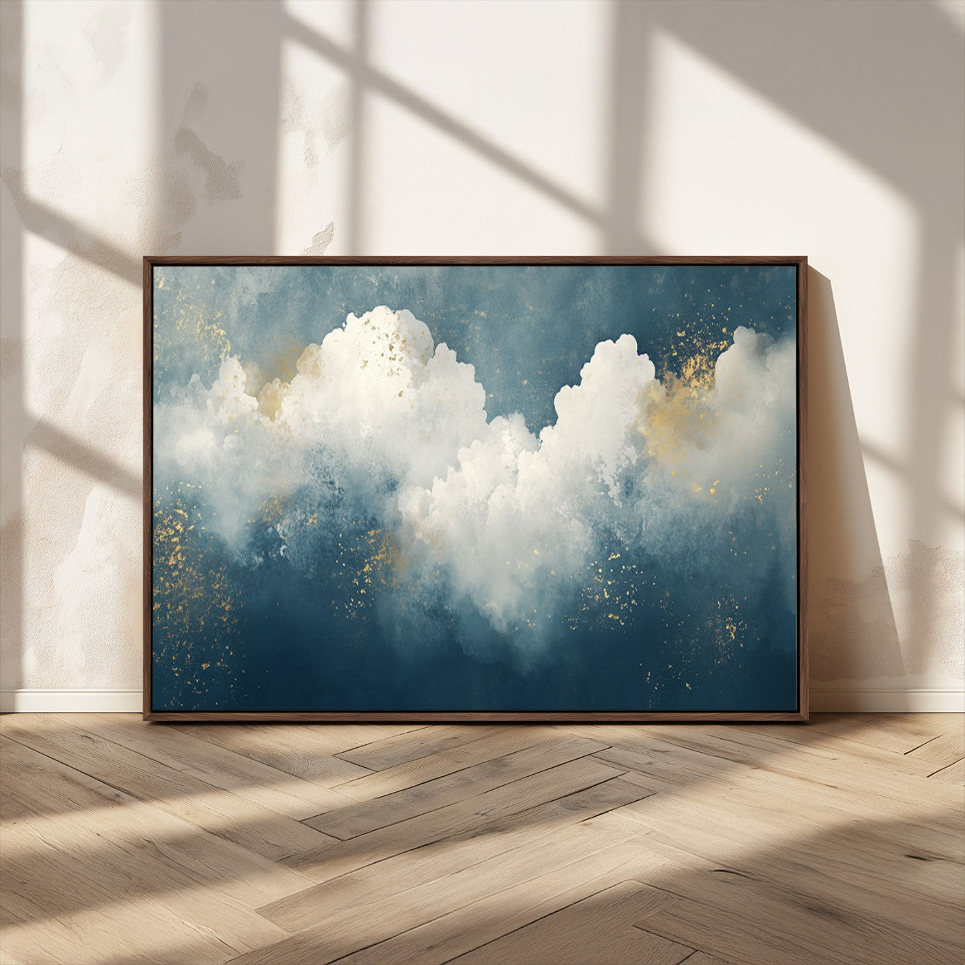 75131-MGV-CV-36X24-Abstract Cloud Wall Art – Modern Canvas Print Featuring Blue and White Clouds with Golden Accents, Contemporary Artwork for Living