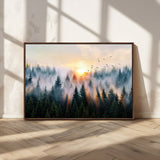 56391411-MGV-CV-36X24-Misty Forest Wall Art Canvas Print, Framed Sunrise Pines Art Picture Print, Moody Pines Perfect Serene Woodland Decor Artwork
