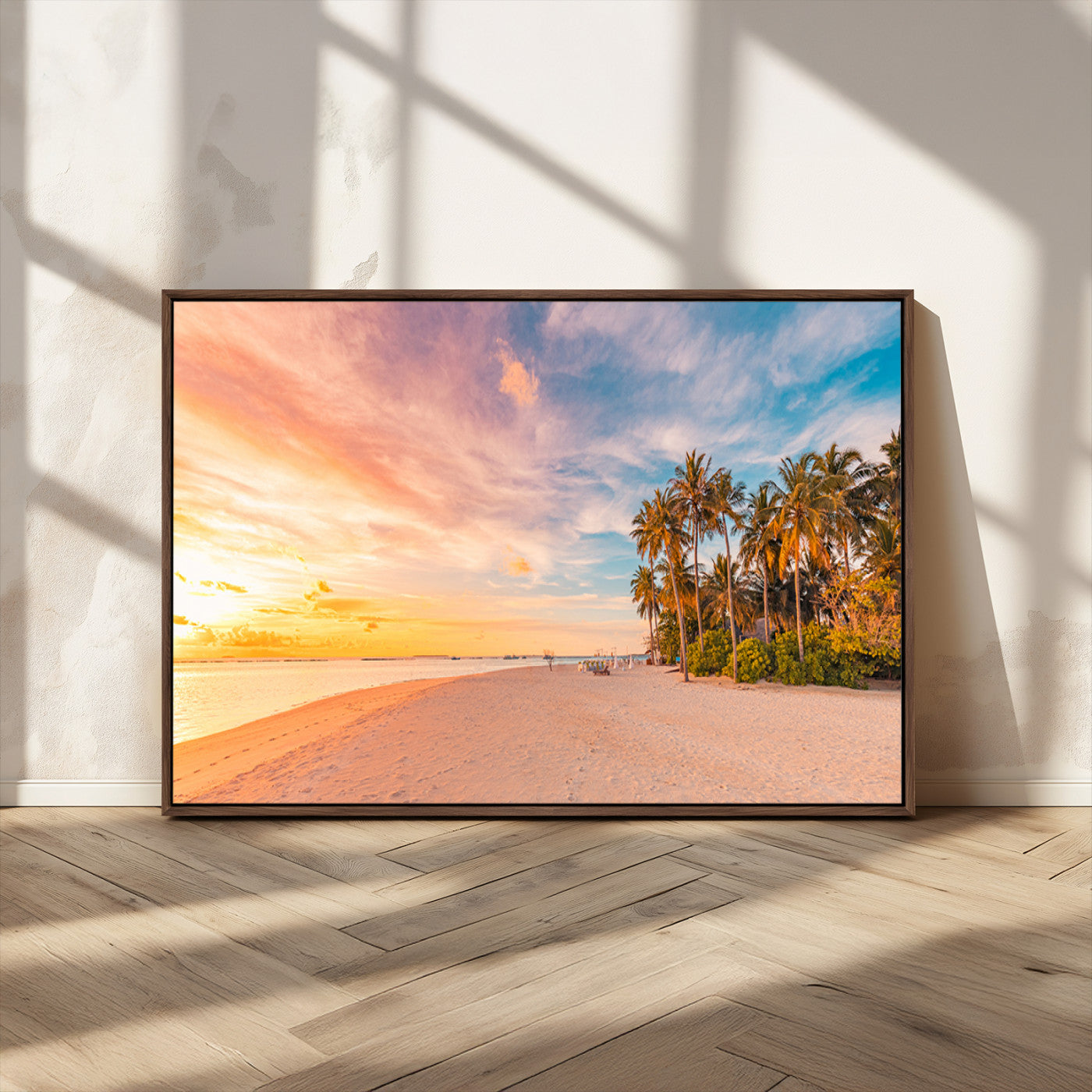 41542880-MGV-CV-36X24-Tropical Beach Wall Art Canvas Print, Framed Palm Trees Art Picture Print, Sunset Shore Perfect Tropical Coastal Decor Artwork