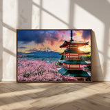 32331262-MGV-CV-36X24-Mount Fuji Japan Wall Art – Cherry Blossom Landscape Canvas Print, Chureito Pagoda Sunset Photography, Japanese Nature Travel