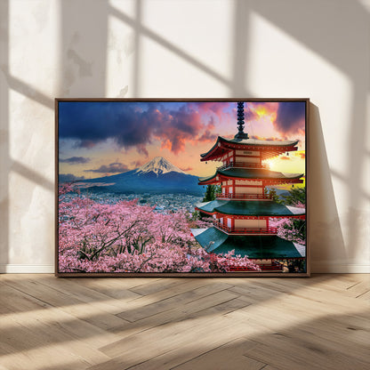 32331262-MGV-CV-36X24-Mount Fuji Japan Wall Art – Cherry Blossom Landscape Canvas Print, Chureito Pagoda Sunset Photography, Japanese Nature Travel