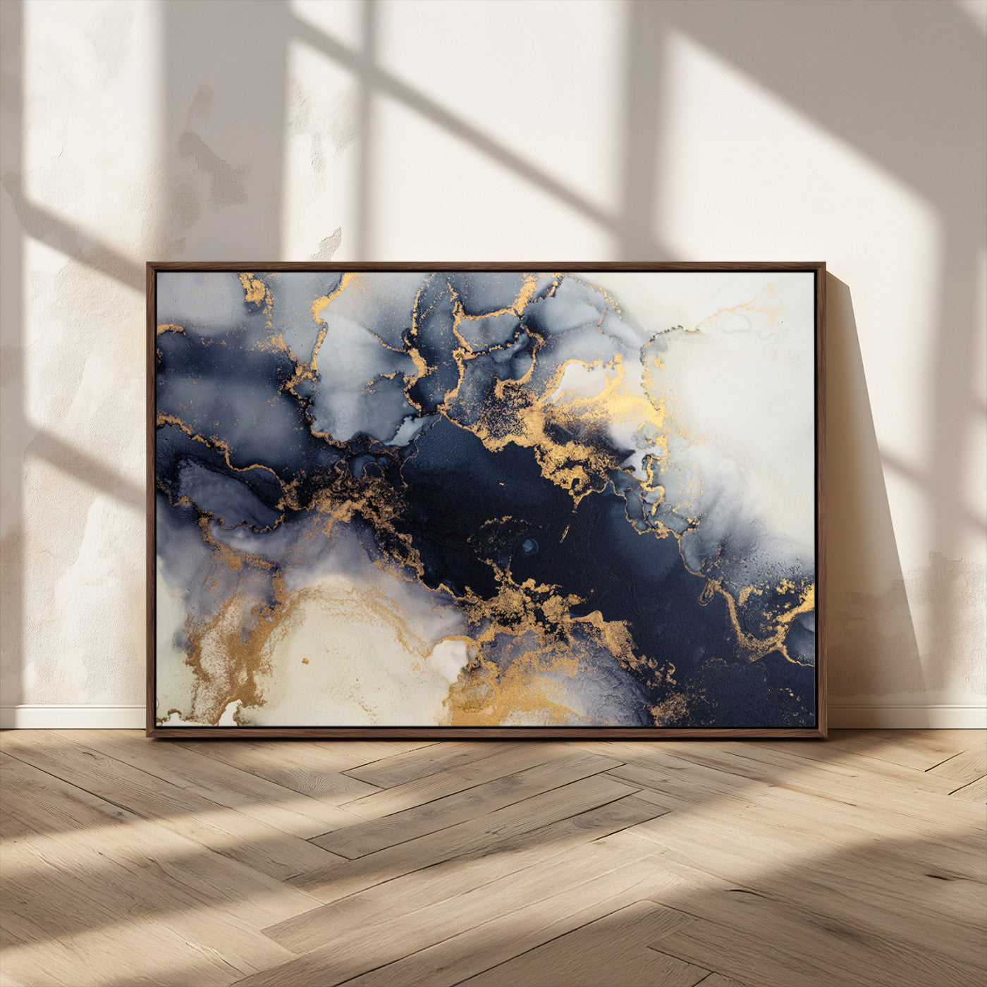 41136487-MGV-CV-36X24-Black Marble Wall Art Canvas Print, Framed Gold Veins Art Picture Print, Abstract Texture Perfect Moody Luxe Decor Artwork
