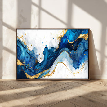 33506371-MGV-CV-36X24-Blue Marble Wall Art Canvas Print, Framed Gold Splash Art Picture Print, Abstract Wave Perfect Modern Luxe Decor Artwork