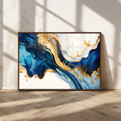 60283636-MGV-CV-36X24-Blue Gold Flow Wall Art Canvas Print, Framed Marble Texture Art Picture Print, Elegant Splash Perfect Elegant Abstract Decor