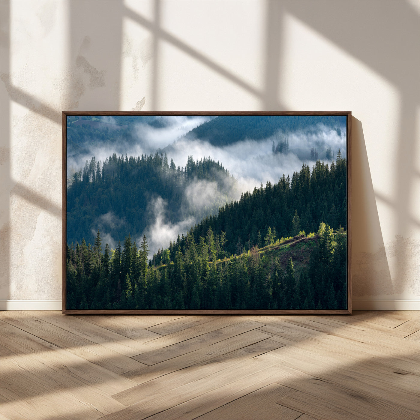 84598503-MGV-FC-36X24_Walnut-Misty Forest Wall Art Canvas Print, Framed Pine Hills Art Picture Print, Moody Hills Perfect Moody Woodland Decor Artwork