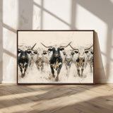 61538944-MGV-CV-36X24-Texas Longhorn Wall Art Canvas Print, Framed Cattles Walking Art Picture Print, Black White Bulls Perfect Rustic Western Decor
