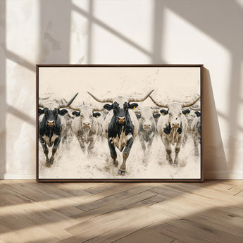 61538944-MGV-CV-36X24-Texas Longhorn Wall Art Canvas Print, Framed Cattles Walking Art Picture Print, Black White Bulls Perfect Rustic Western Decor
