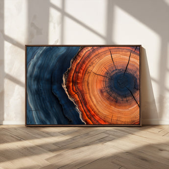 57732250-MGV-FC-36X24_Walnut-Tree Ring Abstract Wall Art – Blue Orange Wood Grain Canvas Print, Modern Rustic Nature Artwork for Living Room, Office,