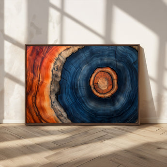 72209152-MGV-CV-36X24-Abstract Tree Ring Wall Art – Vibrant Blue Orange Wood Grain Canvas Print, Rustic Modern Nature Artwork for Living Room, Office,