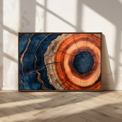 41123192-MGV-CV-36X24-Tree Ring Canvas Wall Art – Abstract Blue Orange Wood Grain Print, Rustic Modern Nature Artwork for Living Room, Bedroom, Office