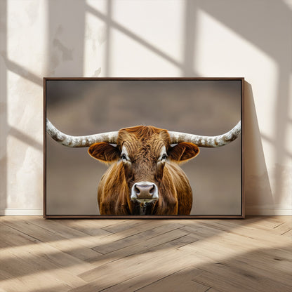 12179171-MGV-CV-36X24-Texas Longhorn Wall Art Canvas Print, Framed Brown Bull Art Picture Print, Lone Cattle Perfect Rustic Western Decor Artwork