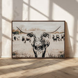 27497342-MGV-CV-36X24-Texas Longhorn Wall Art Canvas Print, Framed Speckled Cow Art Picture Print, Horned Cattle Perfect Rustic Western Decor Artwork