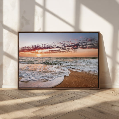 39846389-MGV-CV-36X24-Ocean Sunset Wall Art Canvas Print, Framed Sandy Shore Art Picture Print, Gentle Waves Perfect Minimalist Coastal Decor Artwork